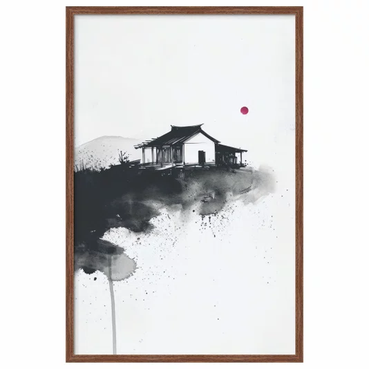 Quadro Decorativo Ie Taiyo Pintura de Casa com o Sol ao fundo no Estilo Sumiê