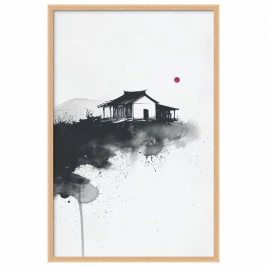 Quadro Decorativo Ie Taiyo Pintura de Casa com o Sol ao fundo no Estilo Sumiê