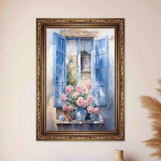 Quadro Decorativo Janela Florida Aquarela