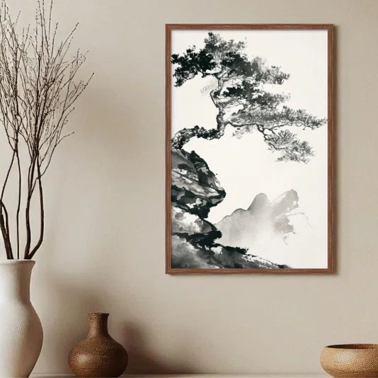 Quadro Decorativo Ki Pintura de Árvore no Estilo Sumiê