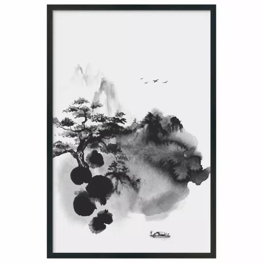 Quadro Decorativo Ki Yama Pintura de Árvore em Frente a Montanhas no Estilo Sumiê