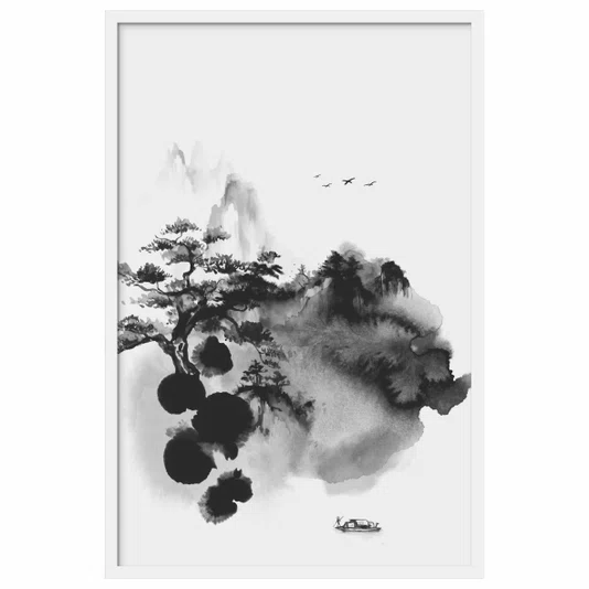 Quadro Decorativo Ki Yama Pintura de Árvore em Frente a Montanhas no Estilo Sumiê
