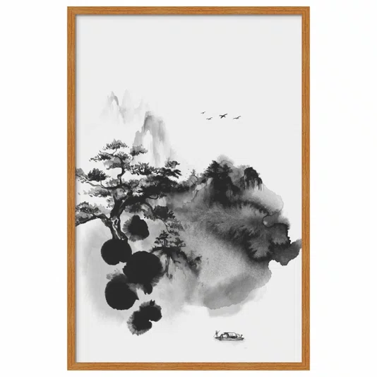 Quadro Decorativo Ki Yama Pintura de Árvore em Frente a Montanhas no Estilo Sumiê