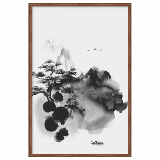 Quadro Decorativo Ki Yama Pintura de Árvore em Frente a Montanhas no Estilo Sumiê