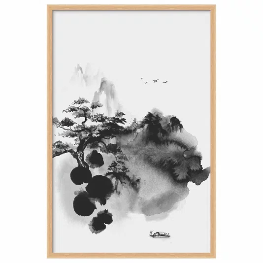 Quadro Decorativo Ki Yama Pintura de Árvore em Frente a Montanhas no Estilo Sumiê