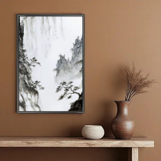 Quadro Decorativo Ki Yama Pintura de Árvore na Montanha no Estilo Sumiê