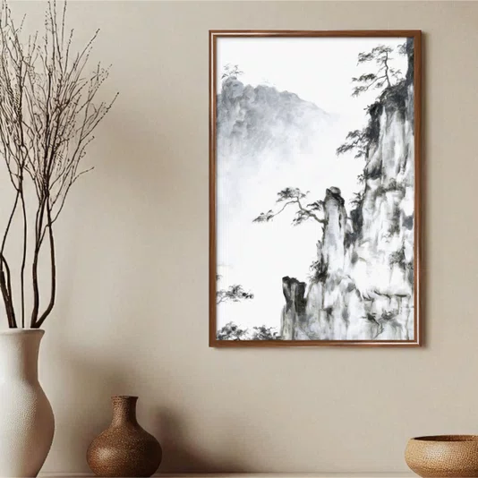 Quadro Decorativo Ki Yama Pintura de Árvores nas Montanhas no Estilo Sumiê