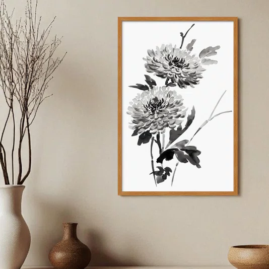 Quadro Decorativo Kiku Pintura de Flor Ornamental Crisântemo no Estilo Sumiê