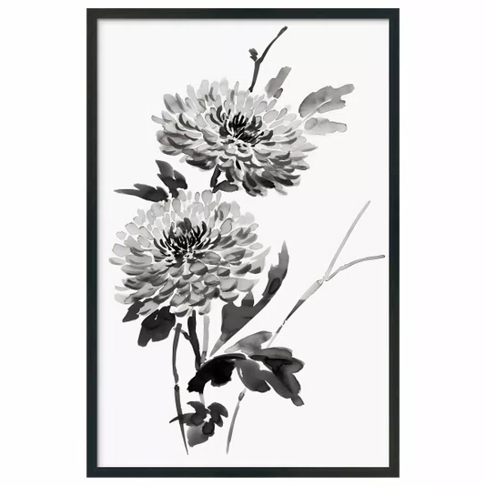 Quadro Decorativo Kiku Pintura de Flor Ornamental Crisântemo no Estilo Sumiê