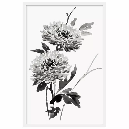 Quadro Decorativo Kiku Pintura de Flor Ornamental Crisântemo no Estilo Sumiê