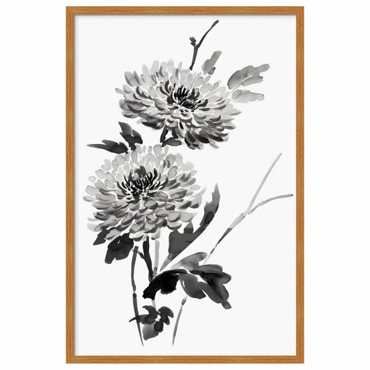 Quadro Decorativo Kiku Pintura de Flor Ornamental Crisântemo no Estilo Sumiê