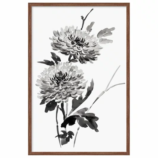 Quadro Decorativo Kiku Pintura de Flor Ornamental Crisântemo no Estilo Sumiê