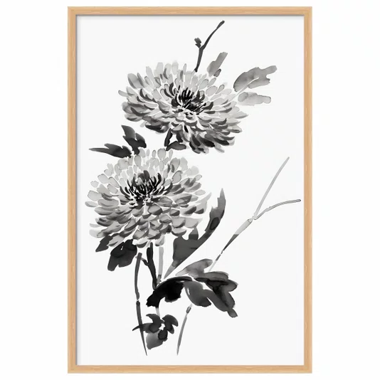 Quadro Decorativo Kiku Pintura de Flor Ornamental Crisântemo no Estilo Sumiê