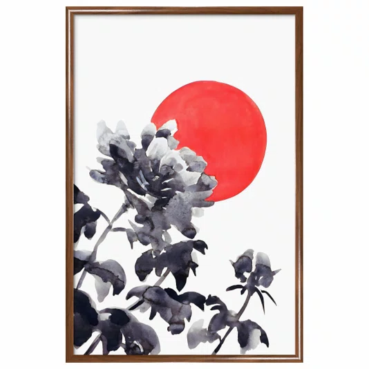 Quadro Decorativo Kiku Taiyo Pintura de Flor Ornamental Crisântemo em Frente ao Sol no Estilo Sumiê