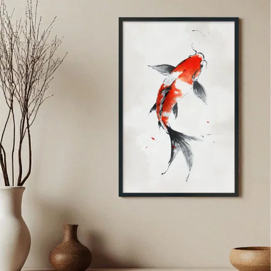Quadro Decorativo Koi Pintura de Carpa Nishikigoi Laranja no Estilo Sumiê
