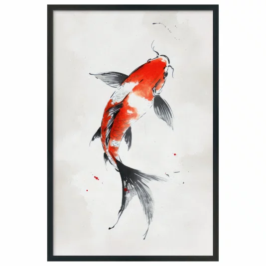 Quadro Decorativo Koi Pintura de Carpa Nishikigoi Laranja no Estilo Sumiê