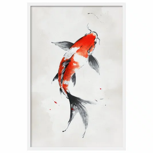 Quadro Decorativo Koi Pintura de Carpa Nishikigoi Laranja no Estilo Sumiê