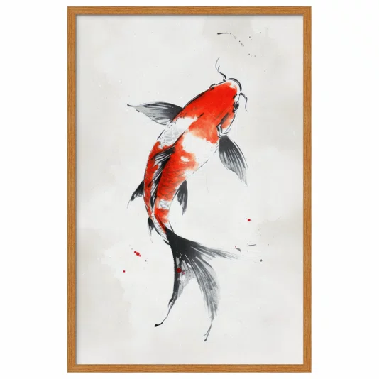 Quadro Decorativo Koi Pintura de Carpa Nishikigoi Laranja no Estilo Sumiê