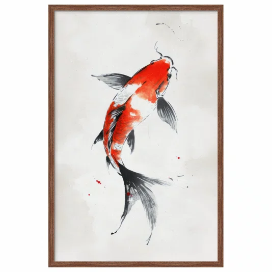 Quadro Decorativo Koi Pintura de Carpa Nishikigoi Laranja no Estilo Sumiê
