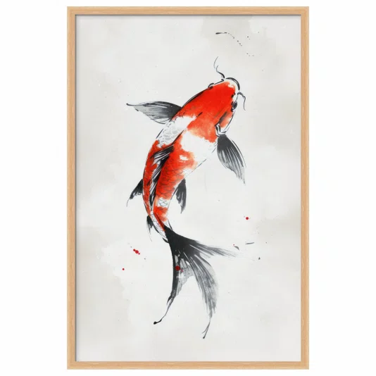 Quadro Decorativo Koi Pintura de Carpa Nishikigoi Laranja no Estilo Sumiê