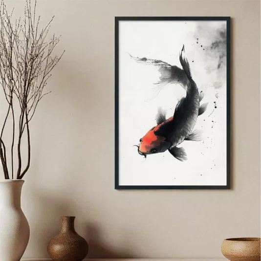 Quadro Decorativo Koi Pintura de Carpa Nishikigoi Preto no Estilo Sumiê