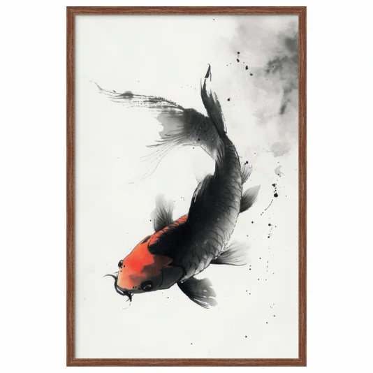 Quadro Decorativo Koi Pintura de Carpa Nishikigoi Preto no Estilo Sumiê