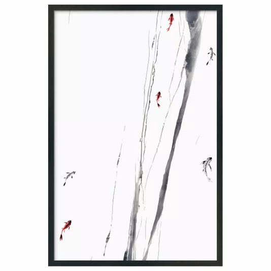 Quadro Decorativo Koi Pintura de Carpas Nishikigoi Nadando no Estilo Sumiê