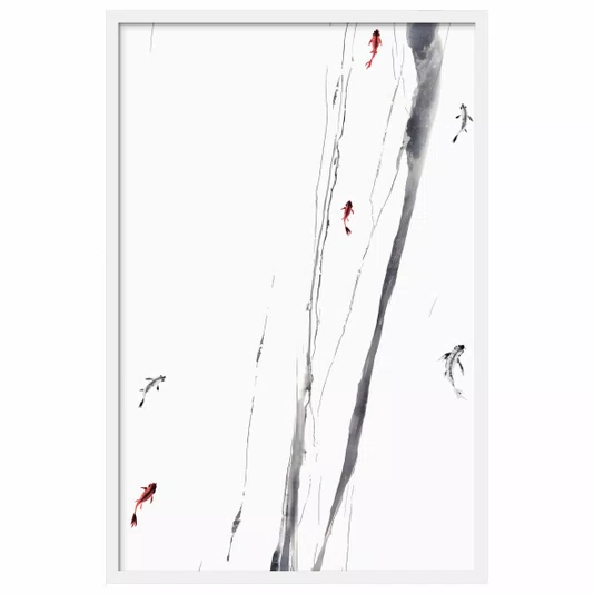 Quadro Decorativo Koi Pintura de Carpas Nishikigoi Nadando no Estilo Sumiê