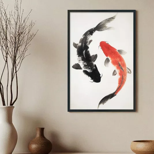 Quadro Decorativo Koi Pintura de Carpas Nishikigoi no Estilo Sumiê