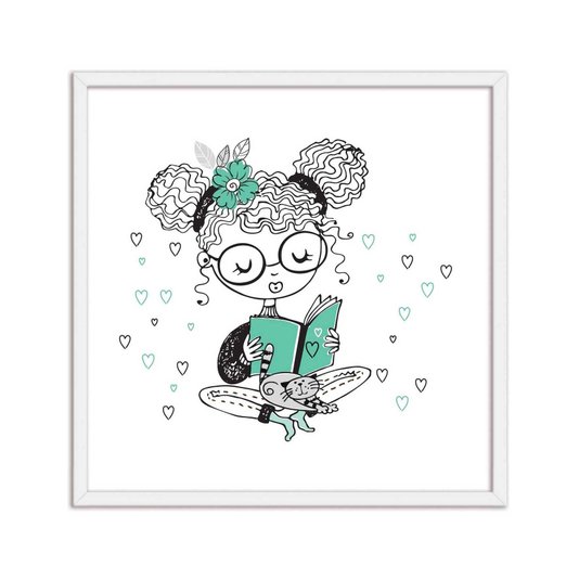 Quadro Decorativo Menina em Leitura com Gatinho