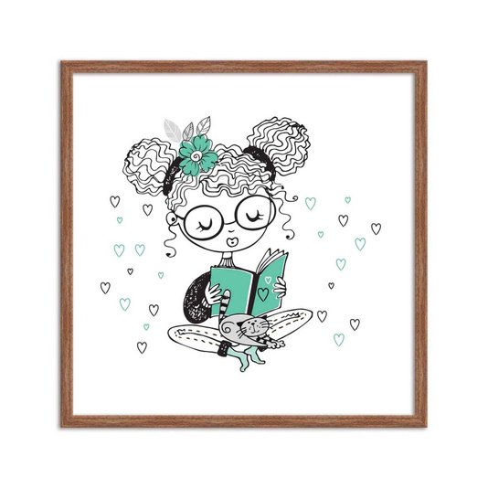 Quadro Decorativo Menina em Leitura com Gatinho