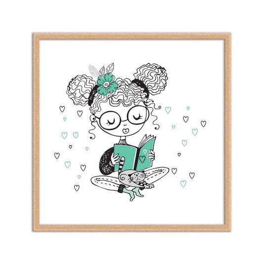 Quadro Decorativo Menina em Leitura com Gatinho