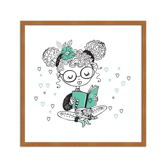 Quadro Decorativo Menina em Leitura com Gatinho