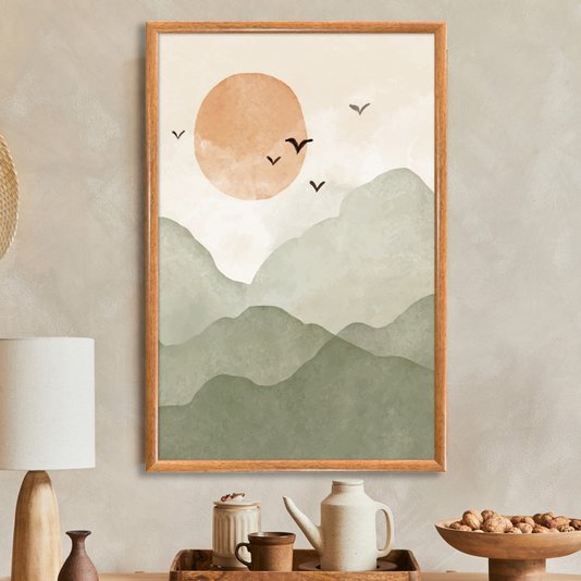 Quadro Decorativo Montanhas Com Sol E Pássaros Aquarela  Estilo Japandi