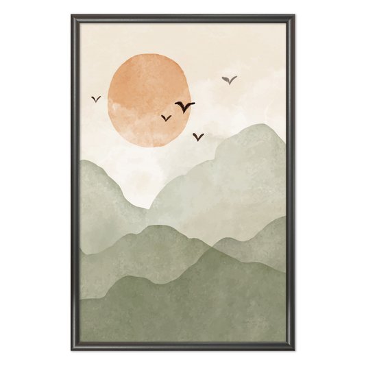 Quadro Decorativo Montanhas Com Sol E Pássaros Aquarela  Estilo Japandi