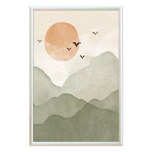 Quadro Decorativo Montanhas Com Sol E Pássaros Aquarela  Estilo Japandi