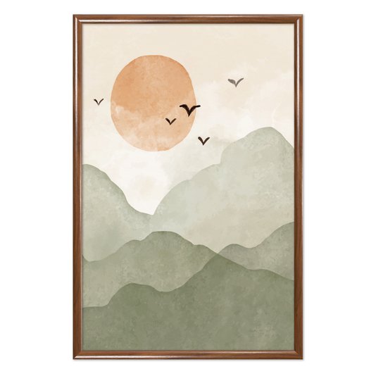 Quadro Decorativo Montanhas Com Sol E Pássaros Aquarela  Estilo Japandi