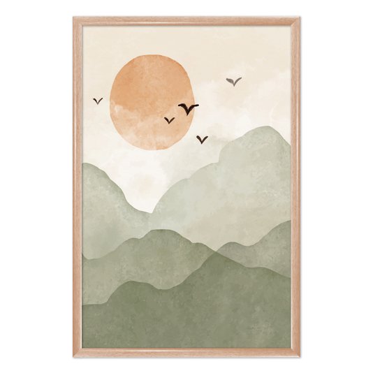 Quadro Decorativo Montanhas Com Sol E Pássaros Aquarela  Estilo Japandi