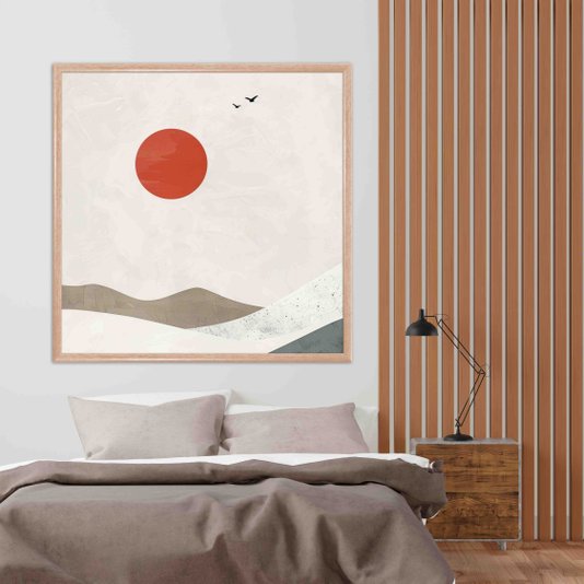 Quadro Decorativo Montanhas Com Sol Vermelho Estilo Japandi