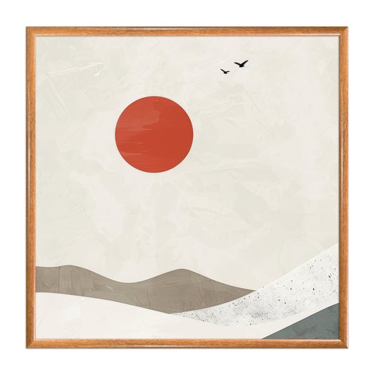 Quadro Decorativo Montanhas Com Sol Vermelho Estilo Japandi