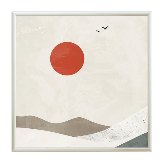 Quadro Decorativo Montanhas Com Sol Vermelho Estilo Japandi