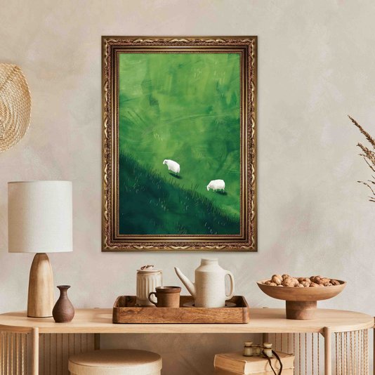 Quadro Decorativo Ovelhas Sobre O Pasto Verde Vintage Farmhouse