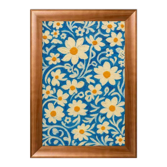 Quadro Decorativo Padrão Floral Estilizado: Margaridas Brancas e Amarelas em Fundo de Arabescos Azul-Cobalto