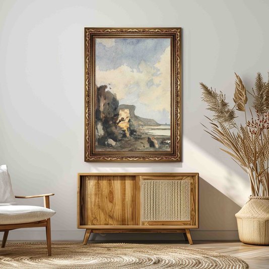 Quadro Decorativo Paisagem Abstrata Praia Rochosa Vintage
