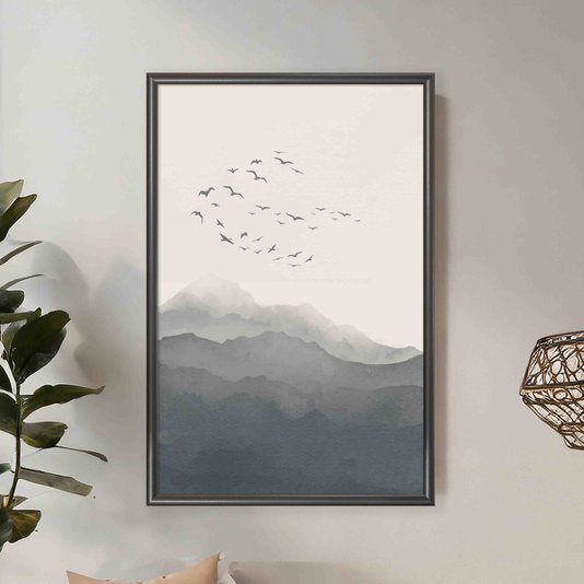 Quadro Decorativo Paisagem Aquarela Pássaros Nas Montanhas Estilo Japandi