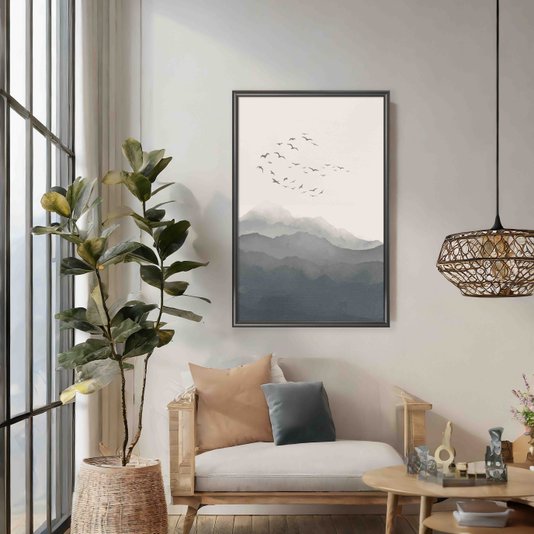 Quadro Decorativo Paisagem Aquarela Pássaros Nas Montanhas Estilo Japandi