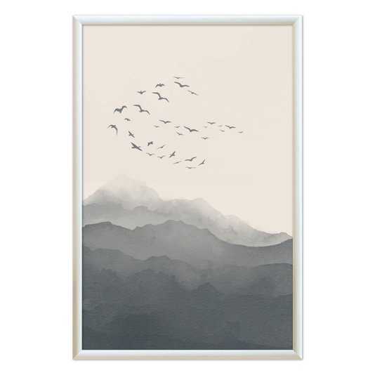 Quadro Decorativo Paisagem Aquarela Pássaros Nas Montanhas Estilo Japandi