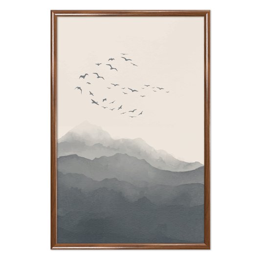 Quadro Decorativo Paisagem Aquarela Pássaros Nas Montanhas Estilo Japandi