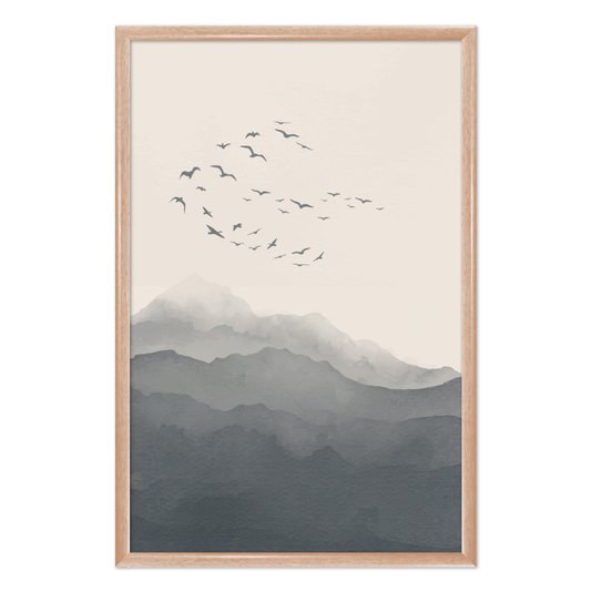 Quadro Decorativo Paisagem Aquarela Pássaros Nas Montanhas Estilo Japandi