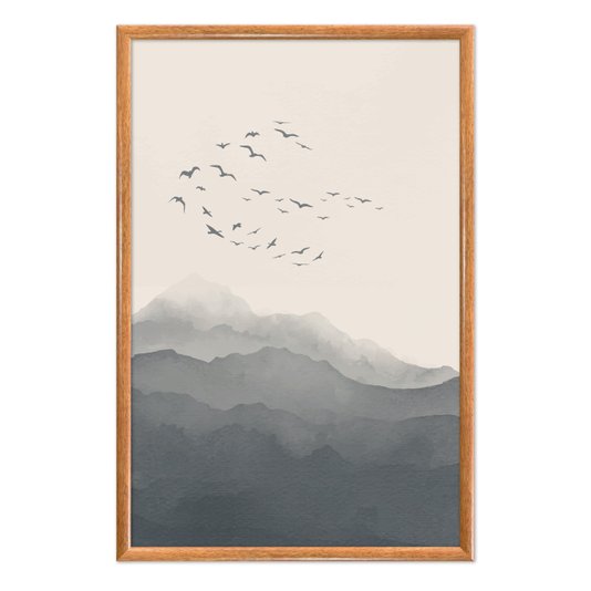 Quadro Decorativo Paisagem Aquarela Pássaros Nas Montanhas Estilo Japandi